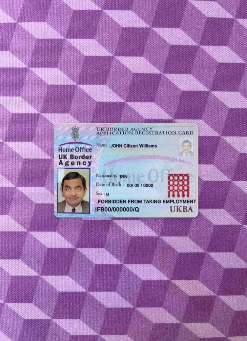 Realistic United Kingdom border agency application registration card photolook sample